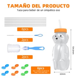 Botellas en Forma de Oso 6 Piezas, Vaso para Beber Jugo, Vaso Entrenador con Popote, Con Cepillo para Limpiar Paja, Biberones de Terapia de 230 ml, Grado Alimenticio, Sin BPA