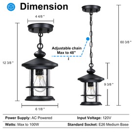 MrSconce Vintage Hanging Porch Lantern, Matte Black Outdoor Pendant Light with Seeded Glass, Adjustable Chain Exterior Hanging Lamp for Front Door Porch Backyard Patio Balcony Garden Gazebo