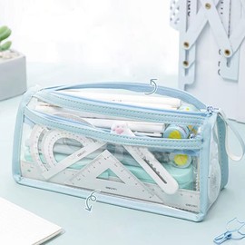 FIYUK Clear Pencil Case Bag Pen Holder Stationery Dual Zipper Organizer Makeup Pouch for School Office Travel, Blue