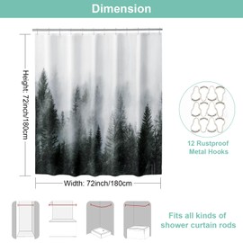 ORTIGIA Dark Green Misty Forest Shower Curtain for Bathroom, Nature Woodland Shower Curtain Set with Hooks, Decorative Pine Tree Fog Magic Bath Curtain for Home, Waterproof Fabric, Weighted, 72x72