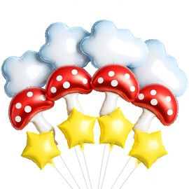 Sumind 12 Pcs Cloud Mushroom Star Balloons Kit White Red Yellow Foil Balloons for Cartoon Video Game Theme Birthday Party Baby Shower Decoration Supplies