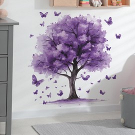 Purple Tree Wall Decals Removable Purple Butterfly Wall Stickers Peel and Stick Vinyl Plant Wall Decor Waterproof for Bedroom Living Room Bathroom Decorations