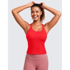 CRZ YOGA Seamless Ribbed Womens Tank Top Racerback Camisoles with Built in Bra Padded Scoop Neck Athletic Workout Slim Tanks Deep Red Small