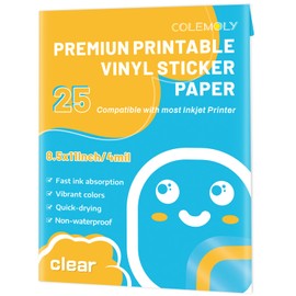 Colemoly Sticker Paper Clear Printable Vinyl for Inkjet Printer-25 Transparent Dry-Quick Sheets of 8.5’’x11’’ Decals and Labels Self-Adhesive Non-Waterproof Papers Tear Resistance Bright Color for DIY