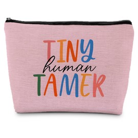 Supwhd Tiny Human Tamer Teacher Makeup Bag Cosmetic Bag, Kindergarten Daycare Preschool Teacher Appreciation Gifts，Funny Teacher Makeup Pouch Zipper Pouch, Teacher Small Makeup Bag for Purse(Pink)