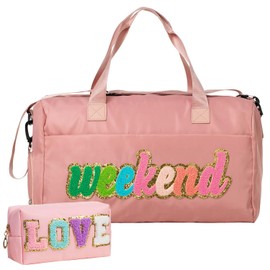 2 Pcs Travel Bag Weekender Bags For Women Sleepover Bag Overnight Bag With Shoe Compartment Duffel Bag Weekend Bag Gym Bag Hospital Personal Item With Toiletry Bag Love Chenille Letter Preppy