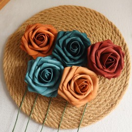 D-Seven Artificial Flowers 25pcs Teal & Burnt Orange Ombre Color Foam Roses with Stems for DIY Wedding Bouquets Bridal Shower Table Centerpieces Party Decor