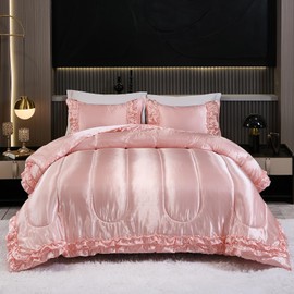 Dreamwaka Pink Satin Comforter Set King 3 Pcs Silk Like Satin Bedding Set Luxury Silky Ruffle Bed Set Home Deocr Sexy Hotel Silky Down Comforter