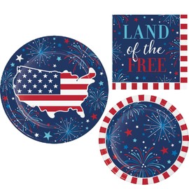 Patriotic Party Supplies for 8 People | Bundle Includes Paper Plates and Napkins | Freedom Fireworks Design for Memorial Day, 4th of July, Veterans Day, Military Homecoming