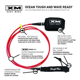 XM SURF MORE Comp 7ft Surfboard Leash with Tangle Free Upgrade, Cord Thickness (.220in), Key Pocket, Unbreakable Swivels, Detachable Railsaver, Made in USA