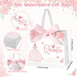 Skyygemm 25 Sets Quinceanera Party Favors for Guests Quinceanera Gift Bag with Handles Small Candy Bag with Bow Ribbon Mis Quince Decoration Quinceanera Sweet 15 Birthday Party Favor, 5.51x4.72x2.36''