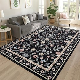GarveeHome Washable Area Rug 9 x 12 Rug for Living Room, Non-Slip Non-Shedding Soft Vintage Rug, Low Pile Farmhouse Floral Carpet, Non-Shedding Indoor Foldable Printed Rug for Bedroom, Black