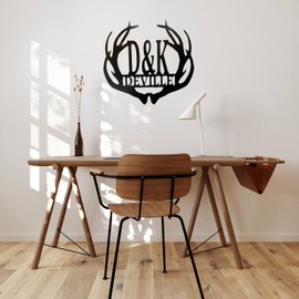 PK Décor Deer Antler Decor Family Last Name ACM Metal Sign For Man Cave, Couple Antler Initials, 18 or 24 inches, Last Minute Gift Idea for Him, Black, White, Silver, Gold