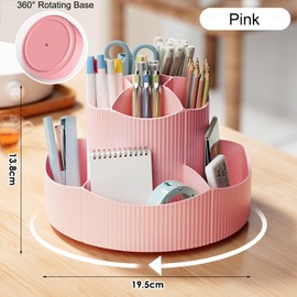 SAMSYOKI Rotating Pen Holder, 360° Rotating Desk Organiser, Rotation Pen Holder with 11 Compartments, Large Capacity Pen Holder for Pens, Office Supplies, School Supplies, Cosmetics (Pink)