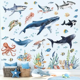 decalmile Under The Sea Fish Wall Decals Ocean Animal Sea Turtle Seaweed Whale Wall Stickers Bathroom Baby Nursery Bedroom Living Room Wall Decor