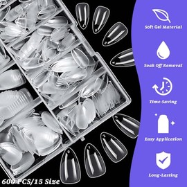 LoveOurHome 600 Uñas Postizas Cortas Almendradas, Uñas Postizas Transparentes De Gel Almendradas, Uñas Acrílicas De Cobertura Completa, Uñas Postizas 