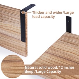 Fureylenx Floating Shelves Wall Mounted Rustic Wood, 12Inch Deep, Large Capacity Hanging Shelf for Home Decor(Living Room，Kitchen，Bedroom，Laundry),Storage Display Wall Shelves (Light Brown)