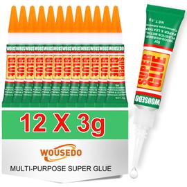 WOUSEDO 12 X 3g Super Glue Clear, Strong Adhesive,Super Glue Fast Drying Cyanoacrylate Glue for Wood,Rubber,Leather, Plastic, Metal, Rhinestone Jewelry, DIY Crafts and More