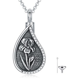 Iris Urn Necklace for Ashes 925 Sterling Silver February Birth Flower Teardrop Cremation Necklace for Ashes Keepsake Memorial Jewelry for Women