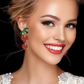 DEYOUM Strawberry Earrings for Women Cute Enamel Lifelike 3D Strawberry Fruit Dangle Earrings Sweet Green Leaf Red Strawberry Dangling Drop Earrings Summer Birthday Jewelry Gifts (Six Strawberry)
