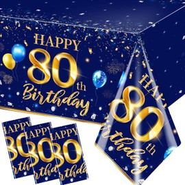 GREHUMOR 80th Birthday Decorations Men-3pcs Navy Blue Birthday Table Covers Rectangle Waterproof Plastic Gold Blue Birthday Tablecloth