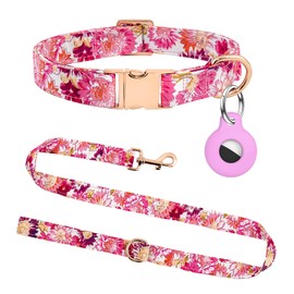 Dog Collar and Leash Set with AirTag Holder,Adjustable Dog Collars with Quick Release Metal Buckle,Flowers Patterns with Soft Padded for Small Medium Large Dogs