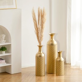 Sziqiqi Tall Gold Floor Vase: 27in Large Metal Floor Vase Decorative Tall - Set of 3 Modern Honeycomb Texture Big Standing Vase for Living Room Dining Bedroom Home Corner Hallway Indoor Office