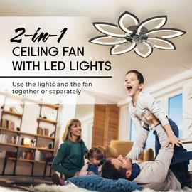 35'' Bladeless Ceiling Fan with Lights and Remote, Flush Mount Modern Low Profile Ceiling Fan with Dimmable LED Light, 6 Speed Wind Timing for Bedroom 90W (Black)