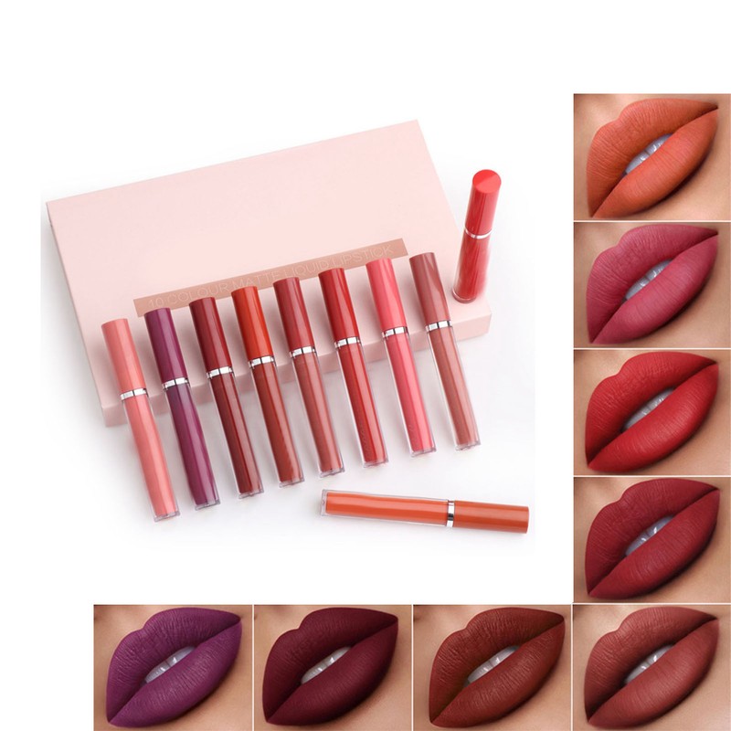 10PCS Matte Liquid Lipstick Makeup Set Waterproof Non Stick Cup