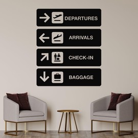 Vinyl Wall Decal Airport Signs Departure Arrival Baggage Décor Travel Theme Tour Center Airlines Decoration Traveler Room Stickers Mural (L057) Black