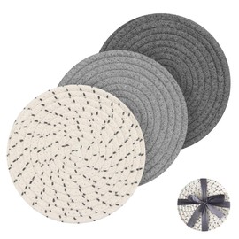 Proxima Direct Potholders Set Trivets Set 100% Pure Cotton Thread Weave Hot Pot Holders Set of 3 Stylish Coasters, Hot Pads, Hot Mats,Spoon Rest for Cooking and Baking by Diameter 7 Inches (Grey)