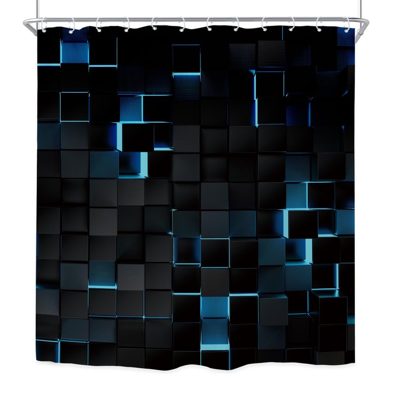 Riyidecor Blue Black Shower Curtain 72Wx72H Inch Abstract Navy Brick