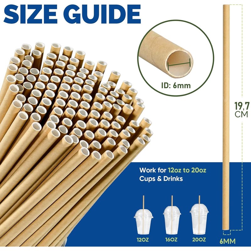 250 Paper Straws Cardboard Brown Kraft in Box Recycle Biodegradable
