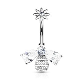 Pierced Owl CZ Crystal Bumble Bee Flower Top Belly Button Navel Ring (Silver Tone)