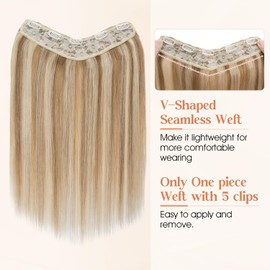 SLEEKALON Real Human Hair Blonde Highlights One Piece Clip in Hair Extensions 3/4 Full Head Clip on Hair Extensions for Women Straight V-Shaped Weft Invisible Clip in Hair Extensions(16",12P613)