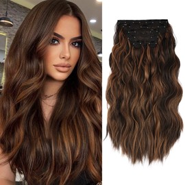 WECAN Clip In Long Wavy Synthetic Hair Extension 20 Inch 6pcs Auburn & Chestnut Thick Hairpieces Fiber Double Weft Hair For Women