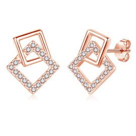 Kamise Silver Stud Earrings, 925 Sterling Silver Square Stud Earrings for Women, Rose Gold Small Hypoallergenic Studs Earring with Zirconia, Sleeper Cartilage Earring for Girls Kids Gift Box 15mm