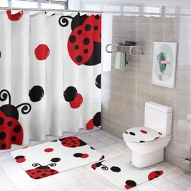 Cute Red Ladybug 4 Piece Shower Curtain Sets, Non-Slip Rugs, Toilet Lid Cover and Bath Mat, Durable and Waterproof, for Bathroom Decor Set One Size