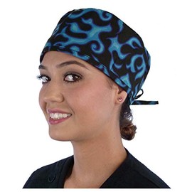 Mens and Womens Scrub Style Working Cap - Blue Liquid Flames On Black