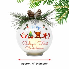 Baby's First Christmas Ornament - 2025 Lighted Ball Ornament - Santa Reindeer Candy Cane Gingerbread Man Design - Snow Inside - Pine Cone and Greenery - 4" H