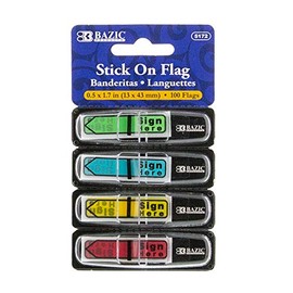 BAZIC 0.5" x 1.7" Neon Color Printed Sign Here Flags w/Dispenser, PET Sticky Notes Memo Index Tabs Flags, Self-Stick Notes, Colorful Post Stickies Pads, Clean Removal (100 Tabs/Pack), 1-Pack