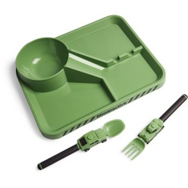 Dinneractive Dining Set for Kids - 3PC Green Army Dinnerware - Army Truck Tank Utensils - Toddler Plates - Baby Dishes