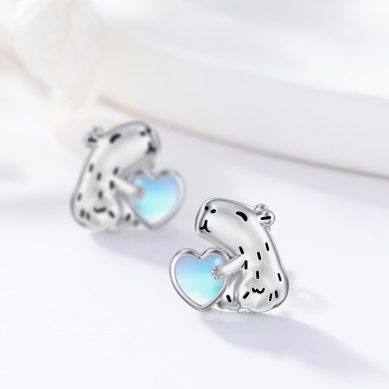 MONGAS Capybara Earrings 925 Sterling Silver Moonstone Capybara Stud Earrings
