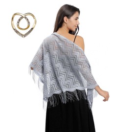 WaJuemy Lace Shawl Wraps for Women Evening Dresses Triangle Elegant Fringed Wedding Shawls Formal Shoulder Cover Dressy Scarves Wraps(3-6 Silver)