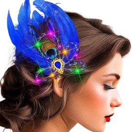 Yokawe Light Up Peacock Flapper Feather Hair Clip Rave Party Festival Fascinator Led Headpiece Hair Accessories for Women