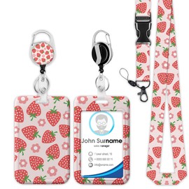Cute Strawberry Badge Holder Reel Lanyard, Boho Pink Flower ID Card Badge Holder Retractable Name Tag Clips, Funny Nurse Teacher Office Student Gifts