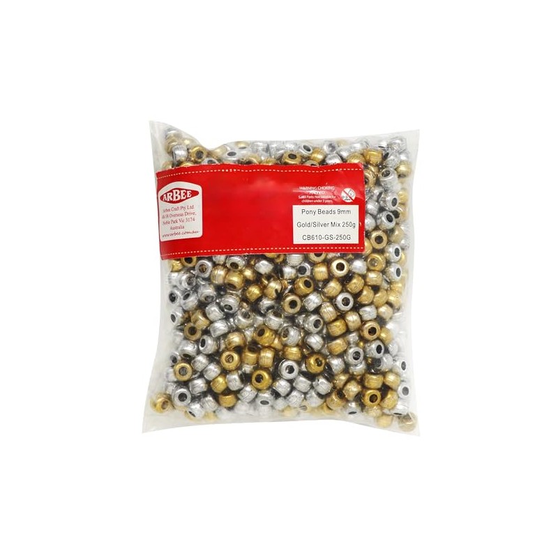 Arbee Pony Beads, 9 mm Size, Gold/Silver