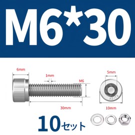 Stainless Steel Hex Socket Head Cap Bolts M6 Full Threaded Screw Bolts Nuts Flat Lock Washer Kit Fully Threaded (M6x30mm Set of 10)