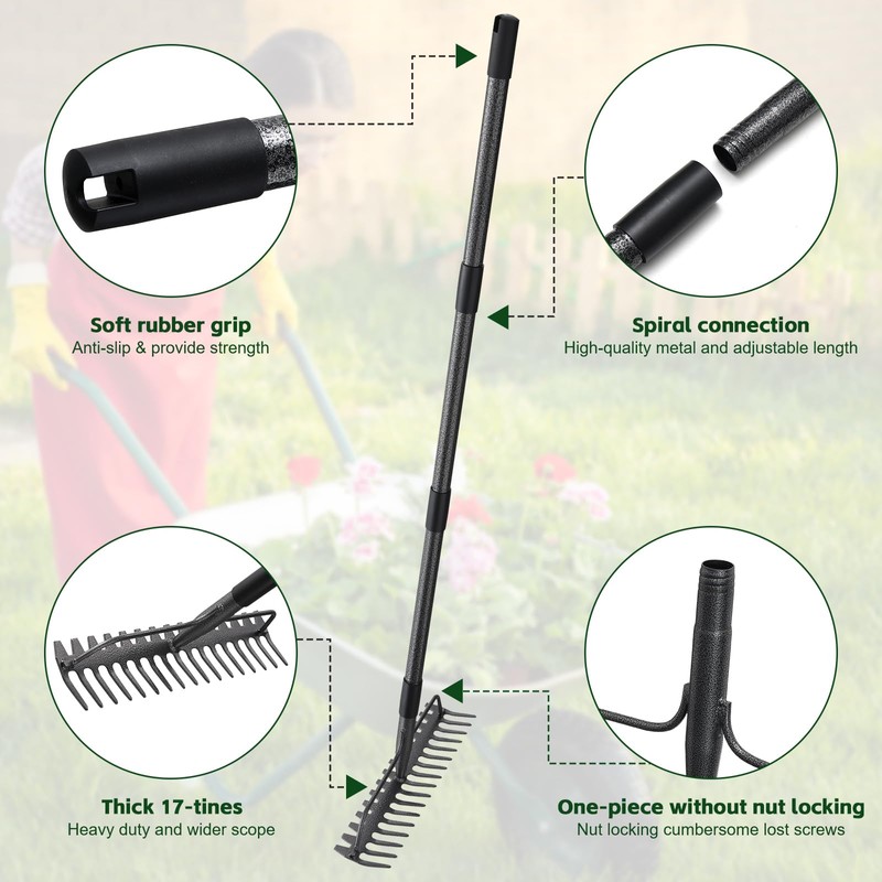 77'' Bow Rake ，17 Tines Metal Head Rakes with Stainless