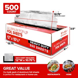 12' Ultra Heavy Duty Pop Up Deli Aluminum Foil, 500 Pre-Cut Sheets, Ideal for Restaurant, Food, Burrito, Hot Dog or Sandwich
